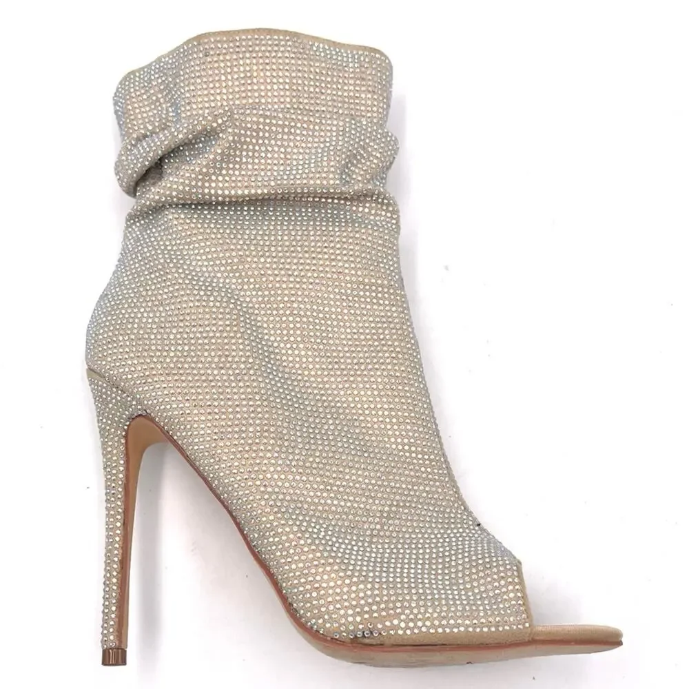 AZALEA WANG Women's Boots On A High Heel Rhinestones Beige Bandes SIZE 8